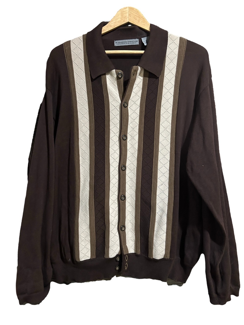 Vintage Brown & Cream Striped Button-Up Men's Sweater 100% cotton Size L